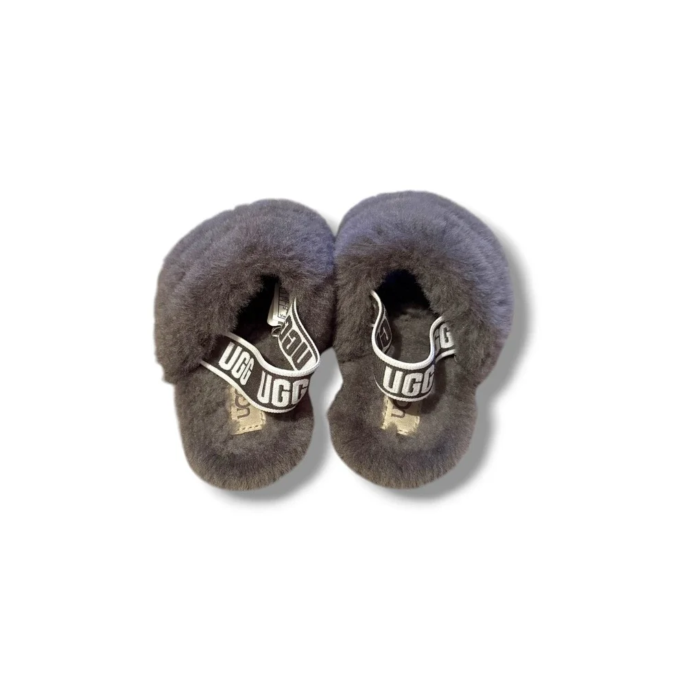 UGG Fluff Yeah Slide Sandals Toddler Size 7 Charcoal Gray Sheepskin Slingback‎